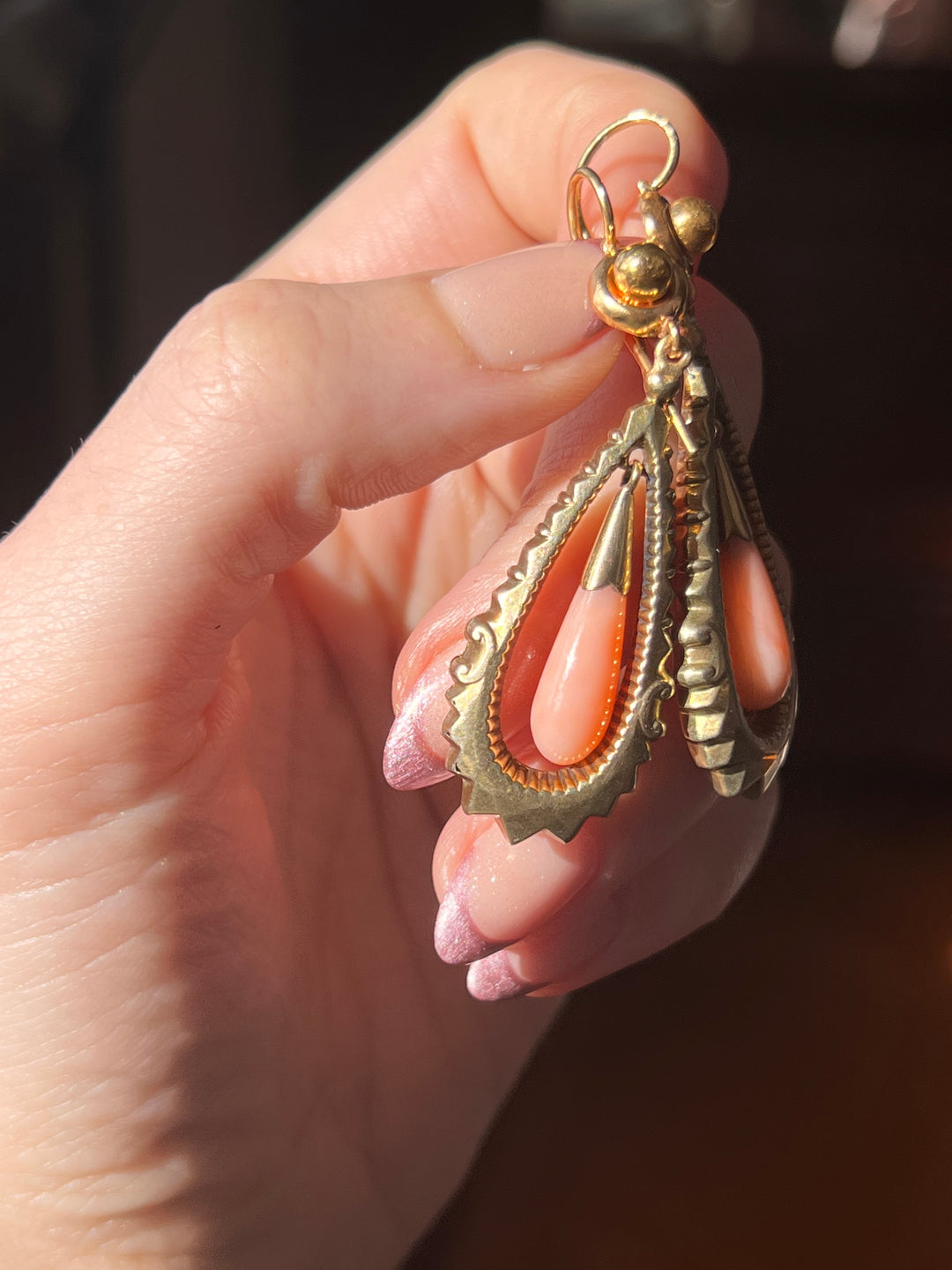 Delicious Victorian Coral Drop Earrings in 9CT