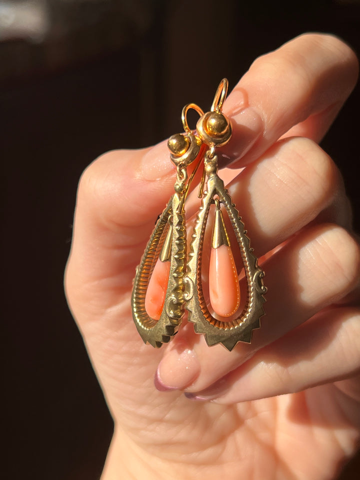 Delicious Victorian Coral Drop Earrings in 9CT