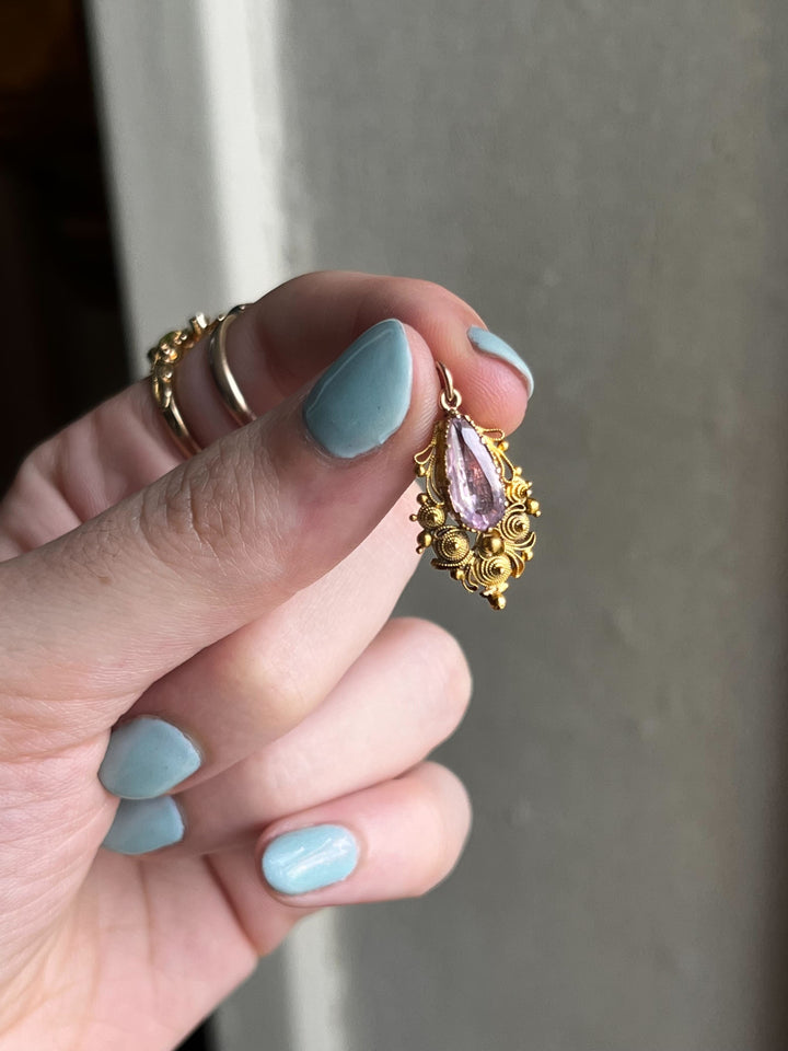 Superb Foiled Georgian Pink Topaz and Cannetille Work Pendant