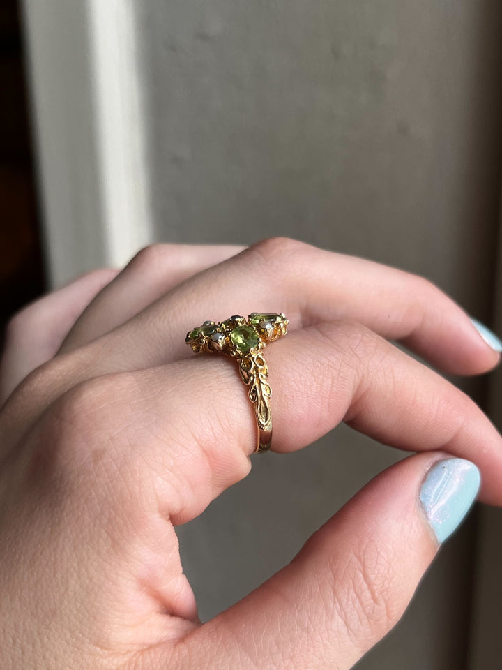 Stunning Vintage 9k Peridot and Pearl Maltese Cross Ring with Diamond Center