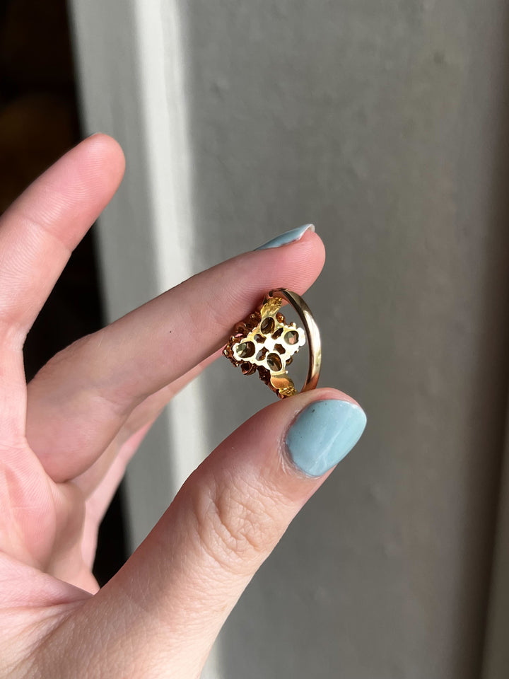 Stunning Vintage 9k Peridot and Pearl Maltese Cross Ring with Diamond Center