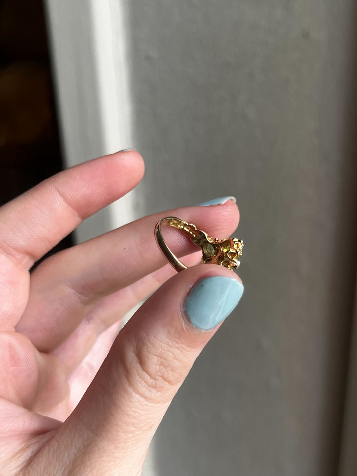 Stunning Vintage 9k Peridot and Pearl Maltese Cross Ring with Diamond Center