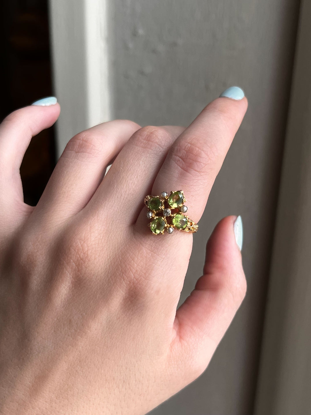 Stunning Vintage 9k Peridot and Pearl Maltese Cross Ring with Diamond Center