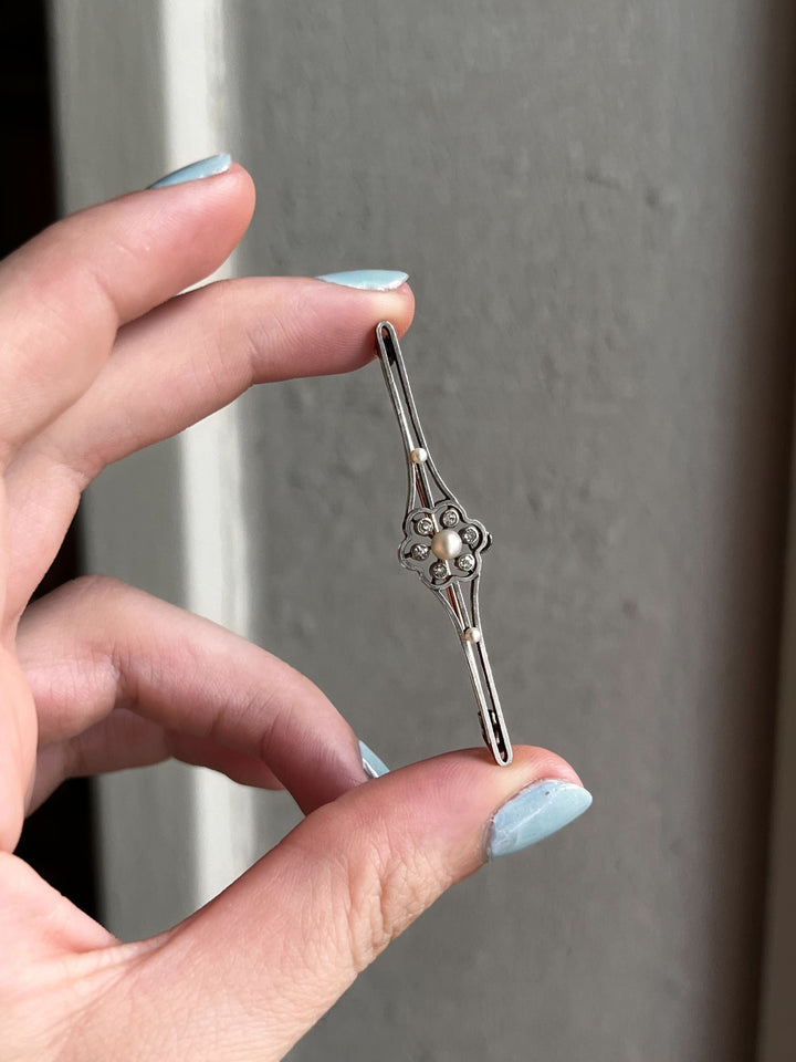 Glorious Platinum and Pink 18k Bar Brooch with Diamonds and Pearls