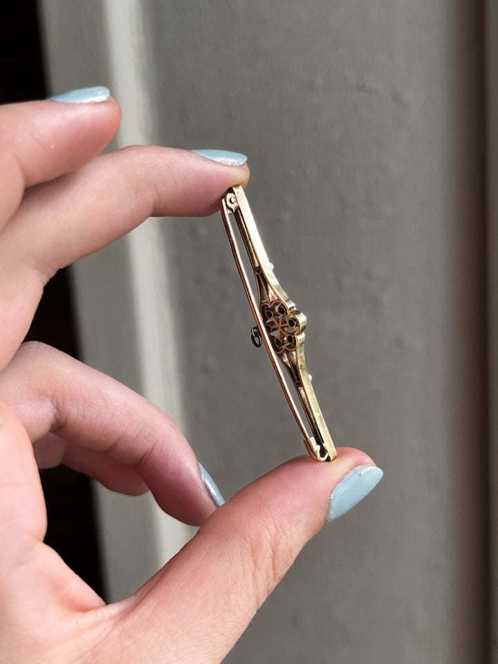 Glorious Platinum and Pink 18k Bar Brooch with Diamonds and Pearls
