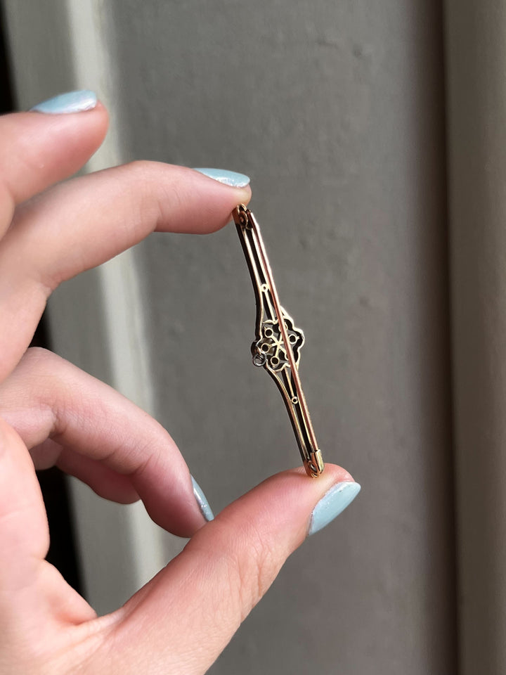 Glorious Platinum and Pink 18k Bar Brooch with Diamonds and Pearls