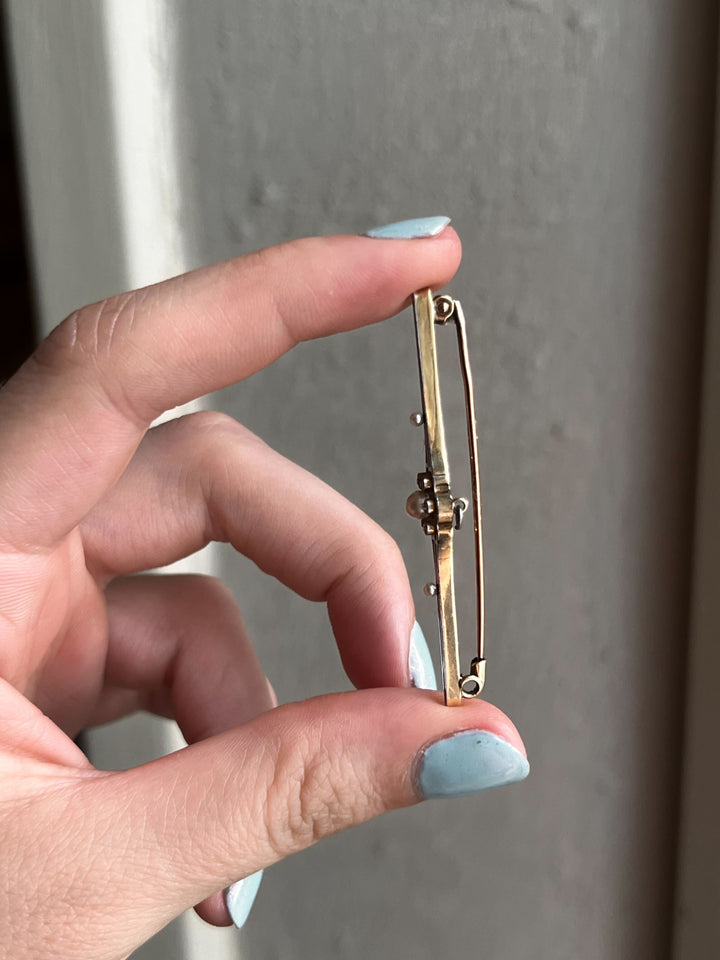 Glorious Platinum and Pink 18k Bar Brooch with Diamonds and Pearls