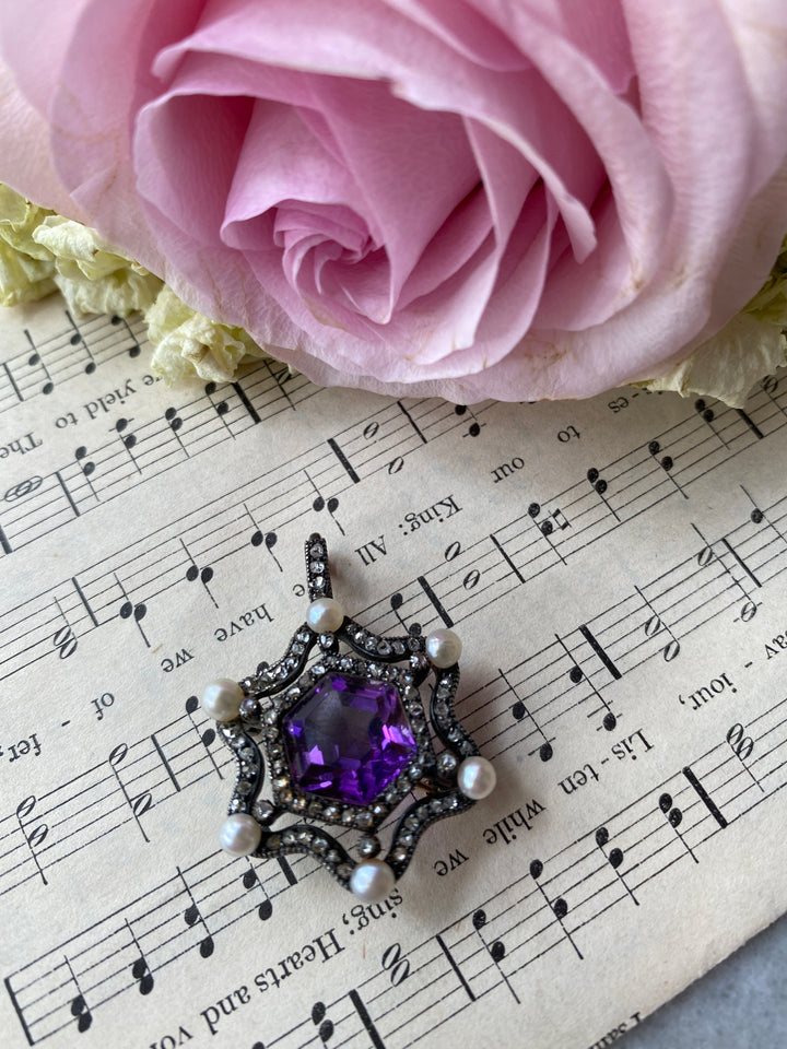 14k Diamond, Amethyst, & Pearl Star Pendant