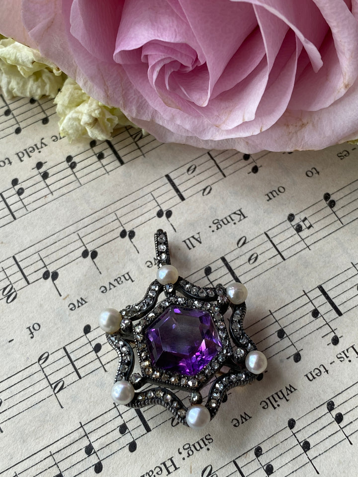 14k Diamond, Amethyst, & Pearl Star Pendant