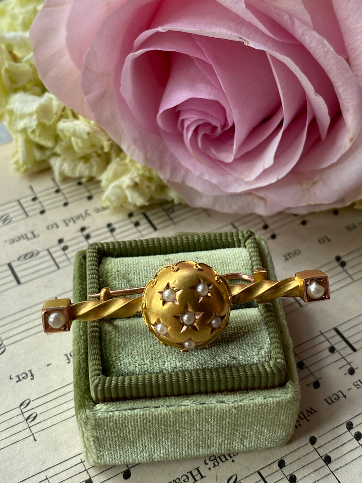 15k Archeological Revival Pearl Star Bar Brooch