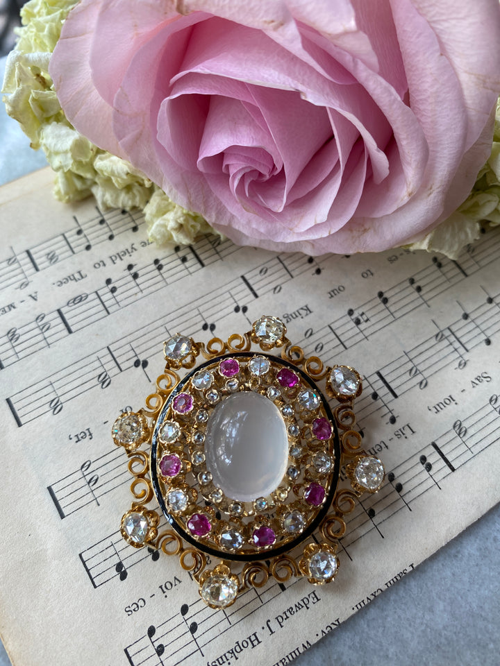 Important Victorian Moonstone, Diamond & Pink Sapphire Brooch