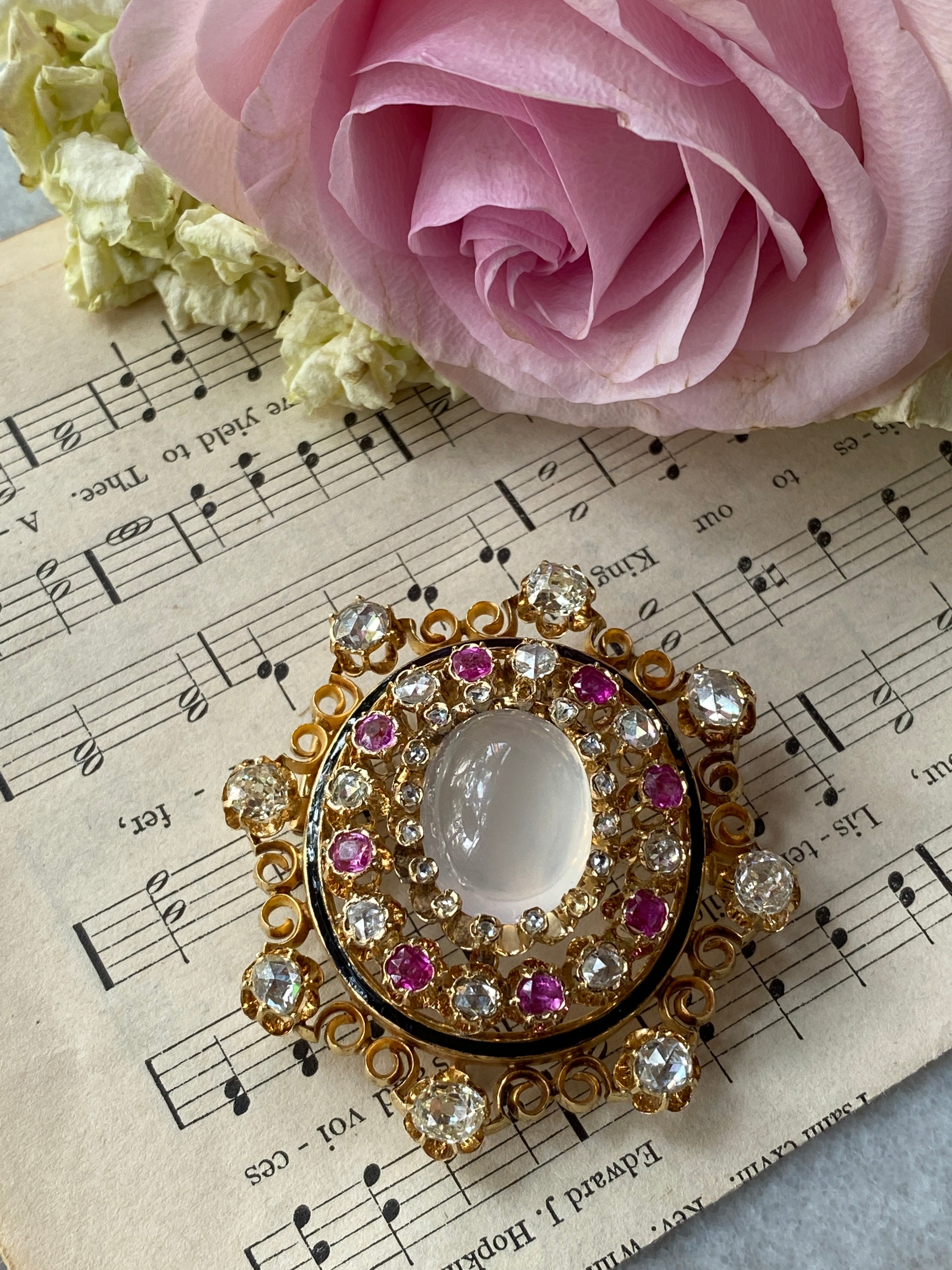 Important Victorian Moonstone, Diamond & Pink Sapphire Brooch