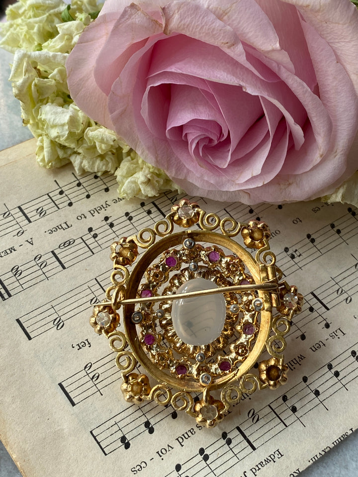 Important Victorian Moonstone, Diamond & Pink Sapphire Brooch