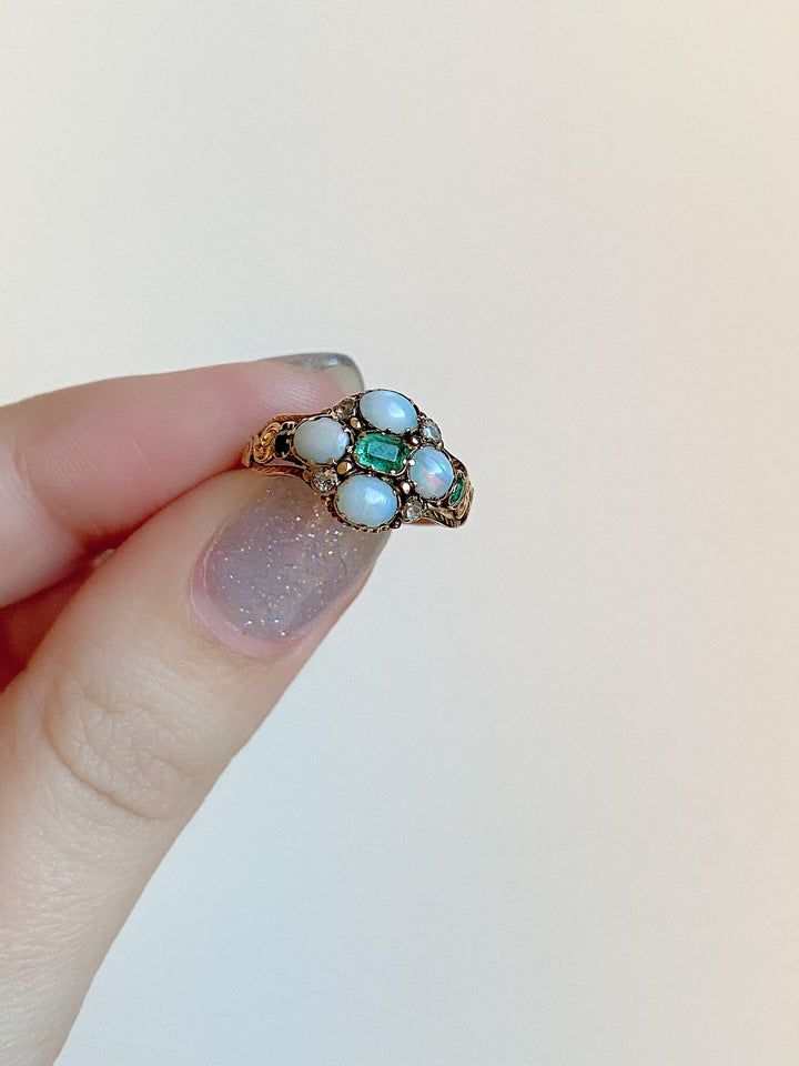 15k Victorian Opal, Emerald, and Diamond Locket Ring