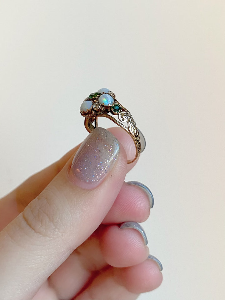 15k Victorian Opal, Emerald, and Diamond Locket Ring