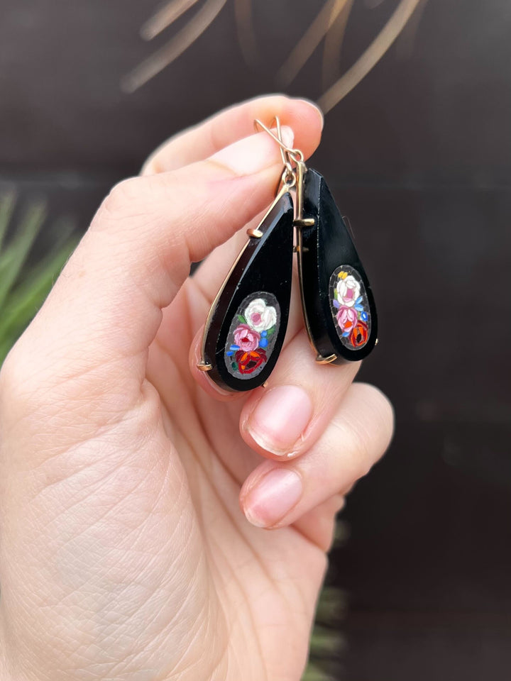 Onyx and Micromosaic Earrings in 9k Gold