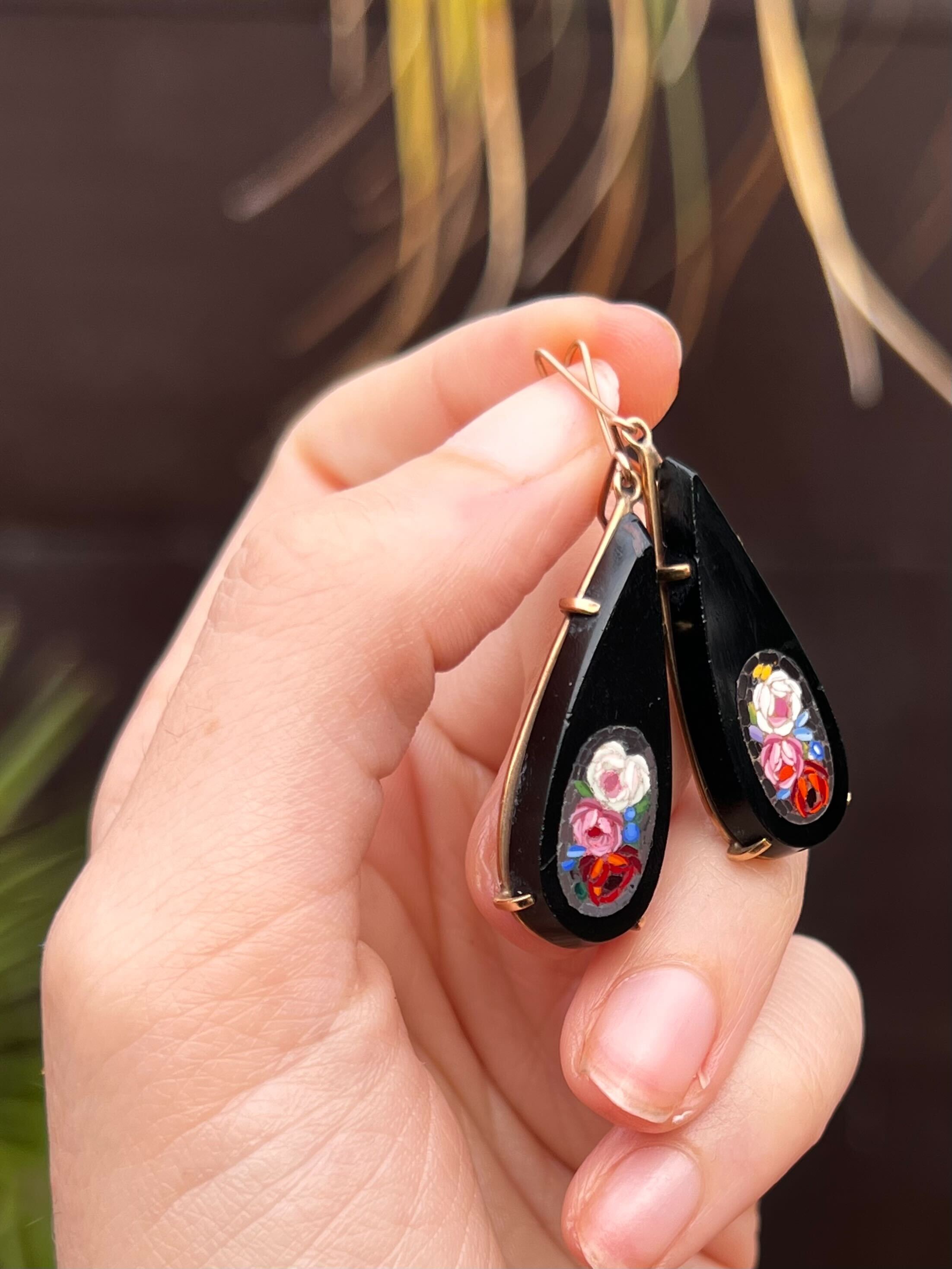Onyx and Micromosaic Earrings in 9k Gold