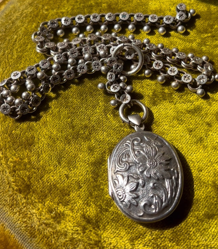 Rare Victorian Sterling Silver Book Chain with Vintage Locket