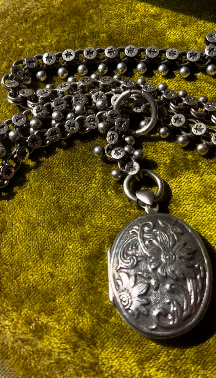 Rare Victorian Sterling Silver Book Chain with Vintage Locket