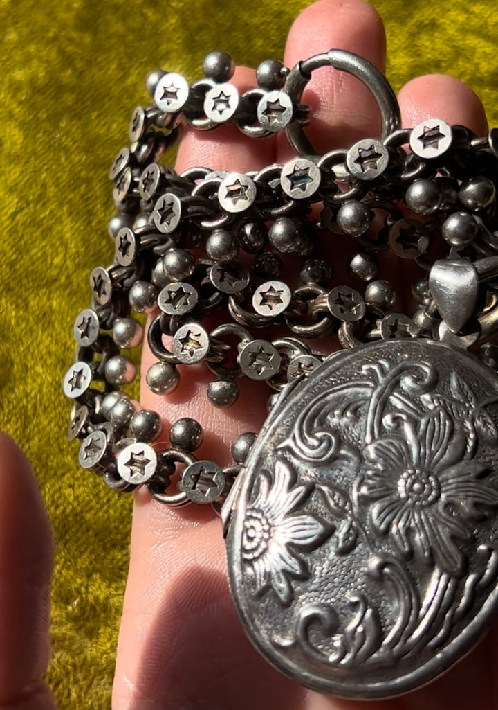 Rare Victorian Sterling Silver Book Chain with Vintage Locket
