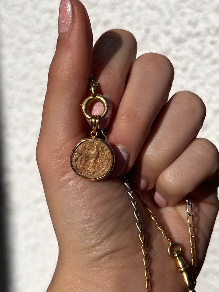 Rare Authentic Roman Coin Pendant of Zinc Compound Set in 14k