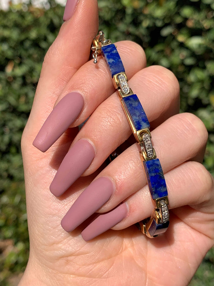 Vintage 1970’s Diamond-Studded Lapis Bracelet in 14k