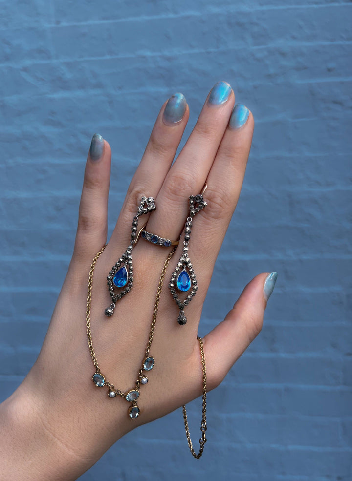 9k Aquamarine and Pearl Vintage Necklace with Rope Chain