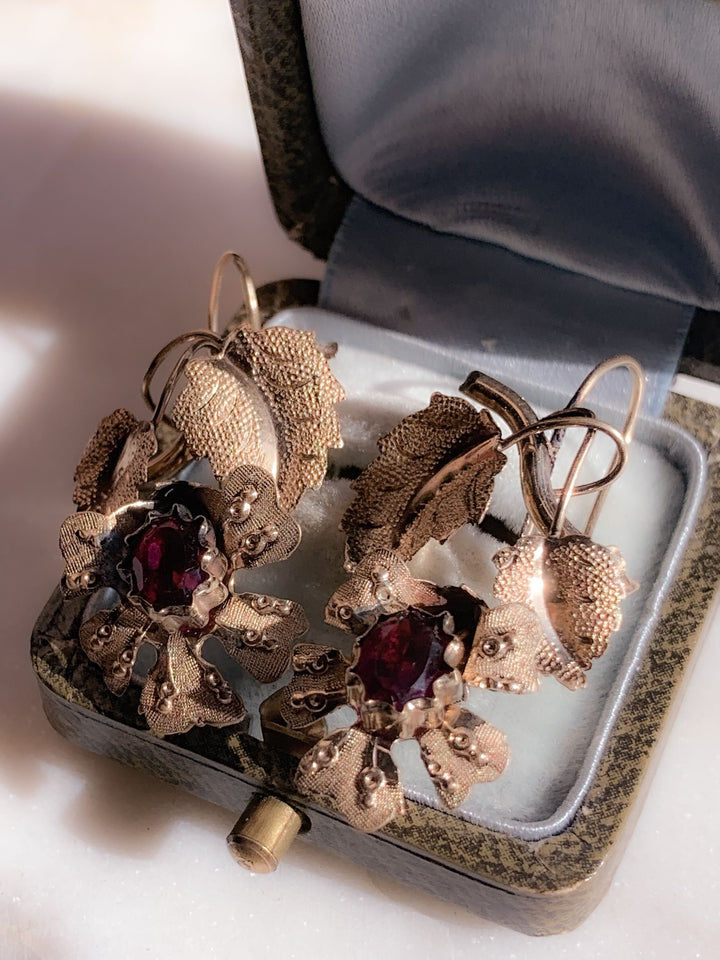 10k Blooming Foiled Garnet Flower Earrings