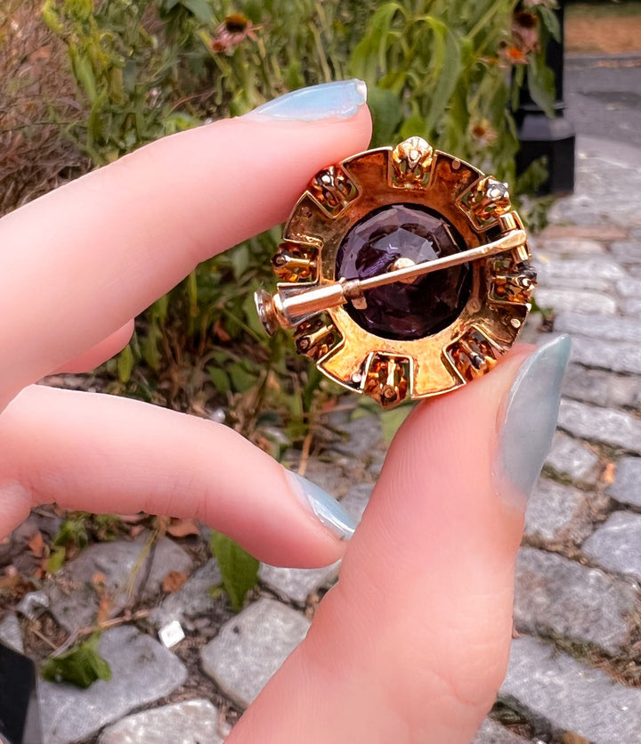 French 18k Brooch with Amethyst, Pearl, and Black Enamel