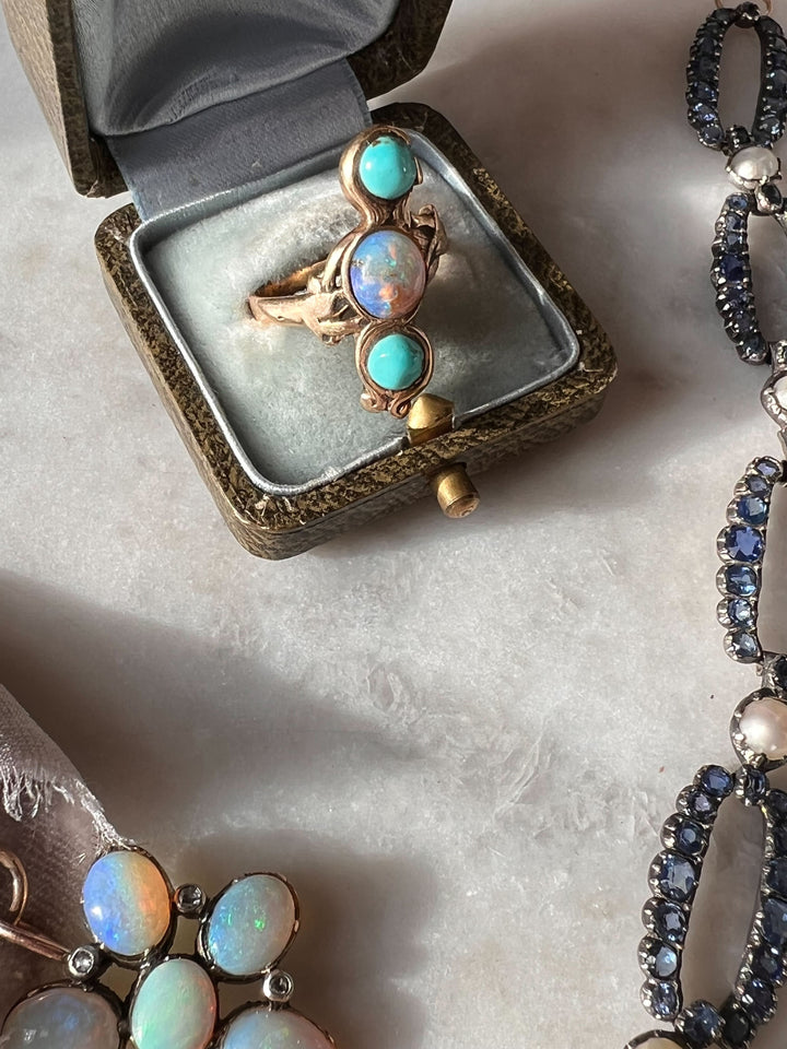 Exceptional Victorian Arts + Crafts Movement Opal and Turquoise Ring