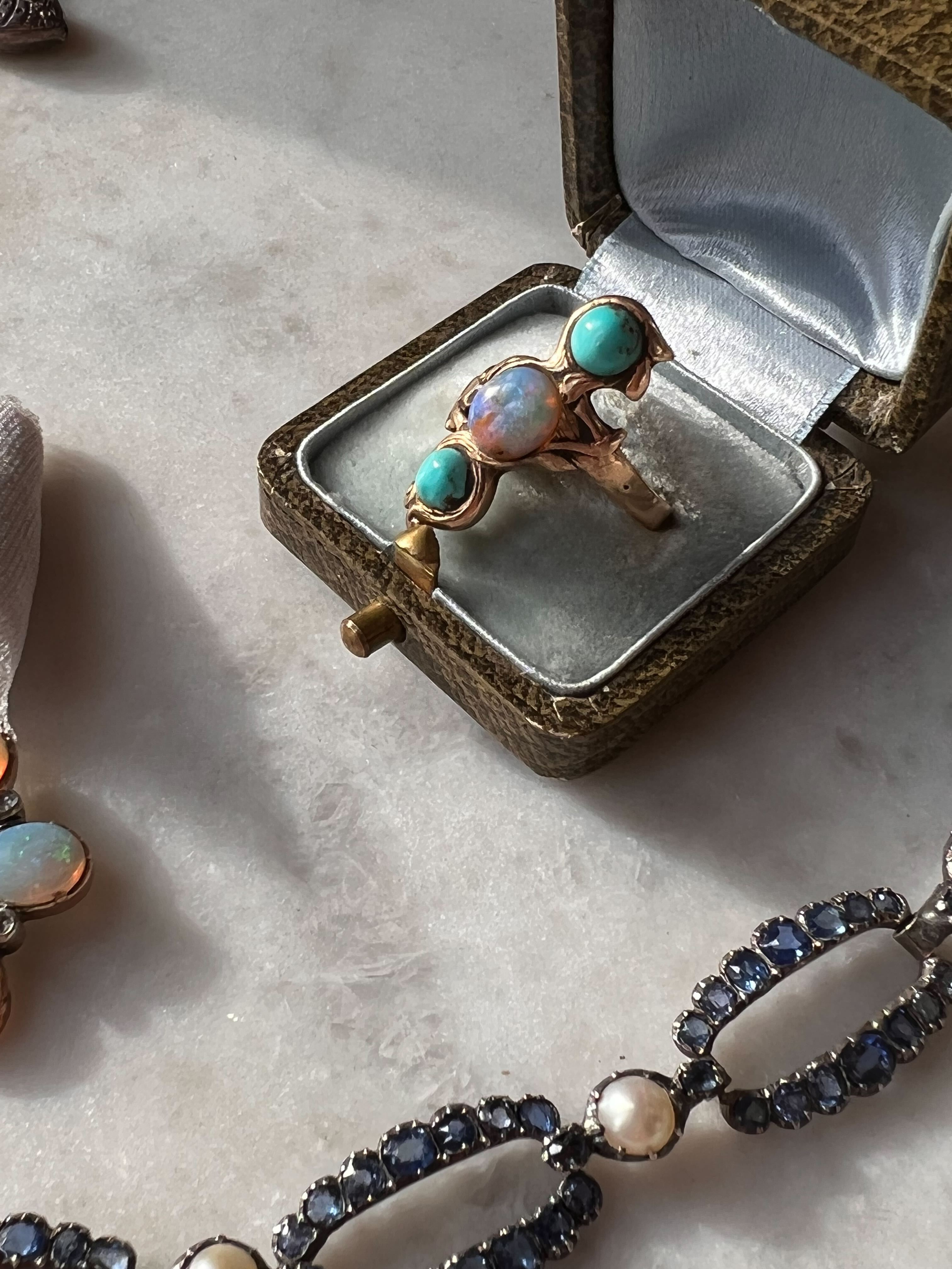 Exceptional Victorian Arts + Crafts Movement Opal and Turquoise Ring