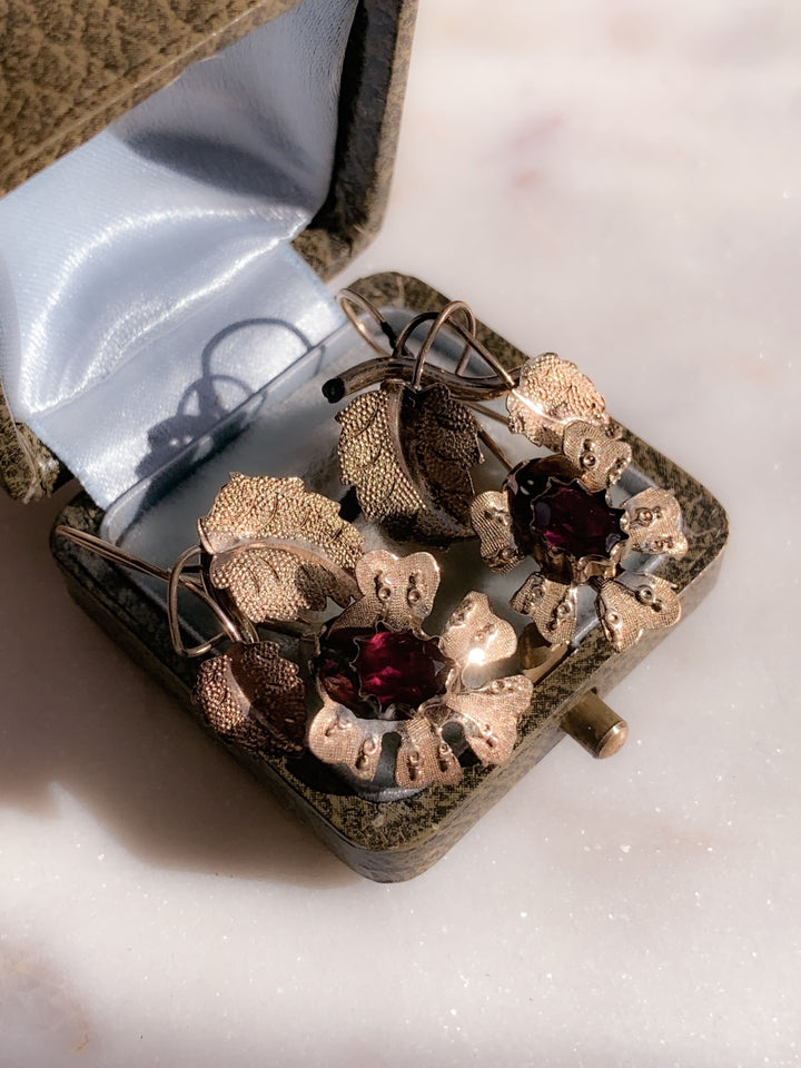 10k Blooming Foiled Garnet Flower Earrings