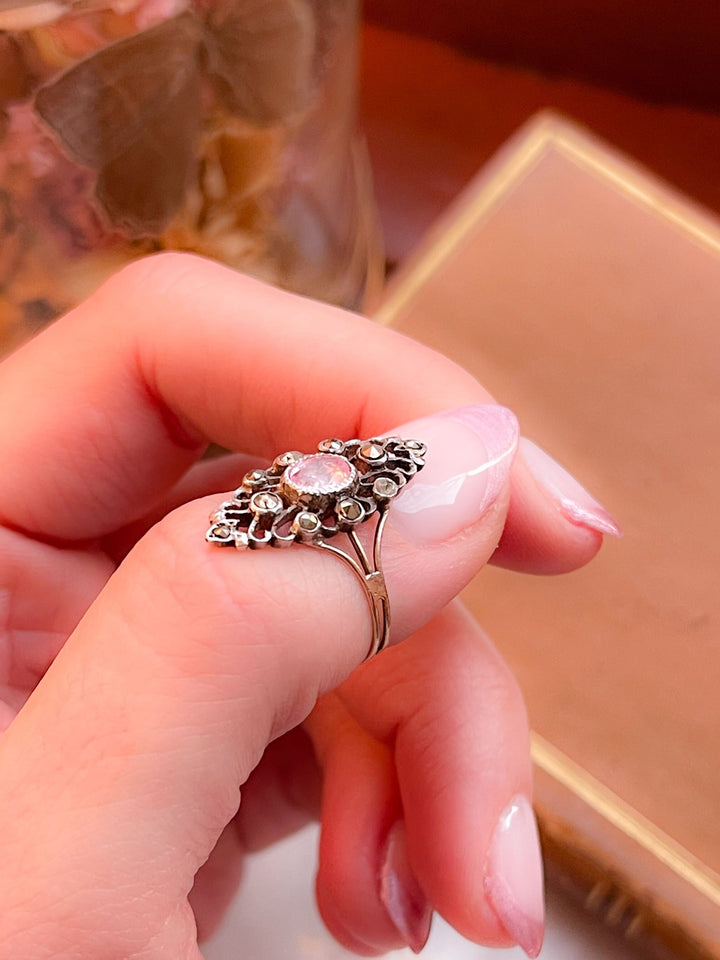Foiled Pink Topaz and Marquisette Navette Ring in Sterling and 18k