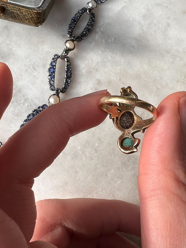 Exceptional Victorian Arts + Crafts Movement Opal and Turquoise Ring