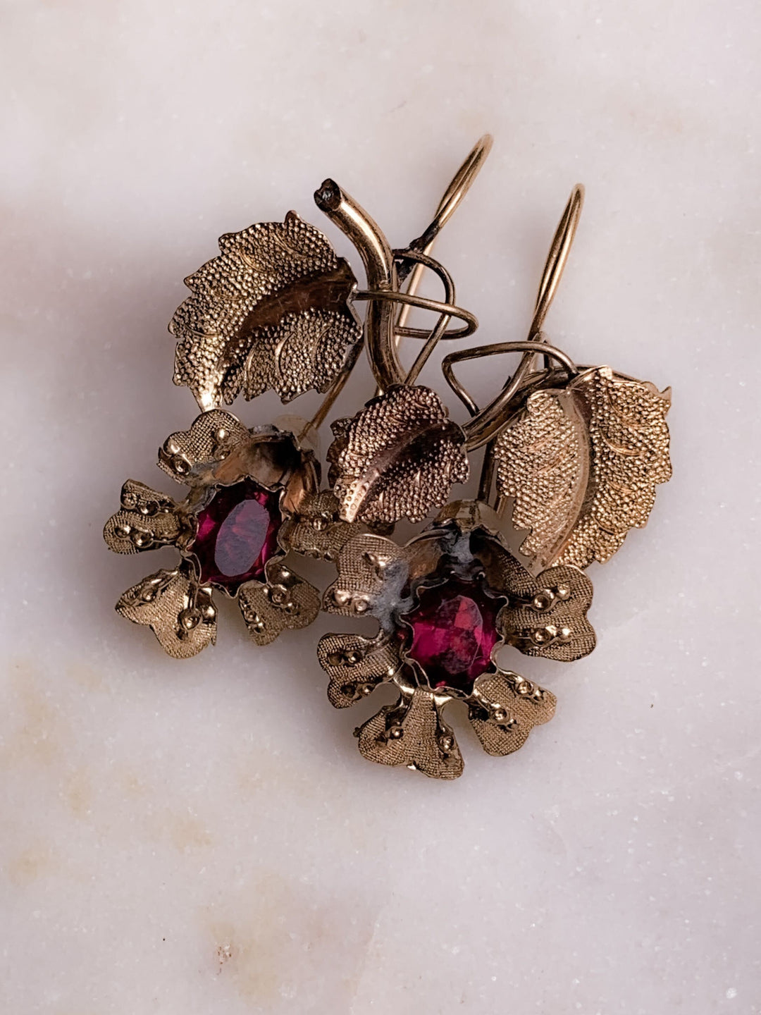 10k Blooming Foiled Garnet Flower Earrings