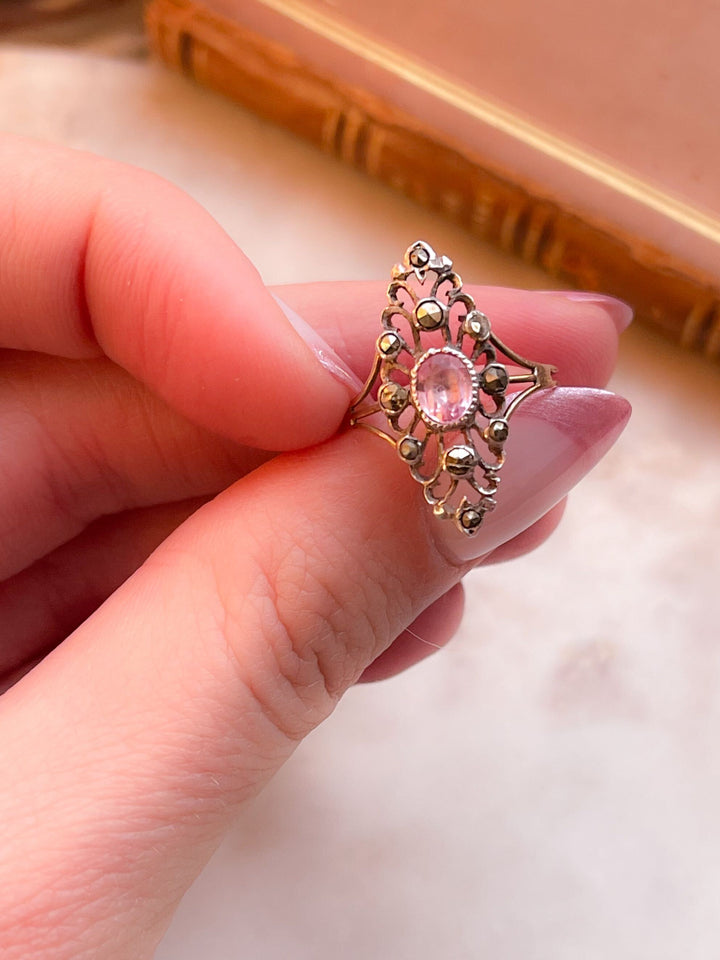 Foiled Pink Topaz and Marquisette Navette Ring in Sterling and 18k