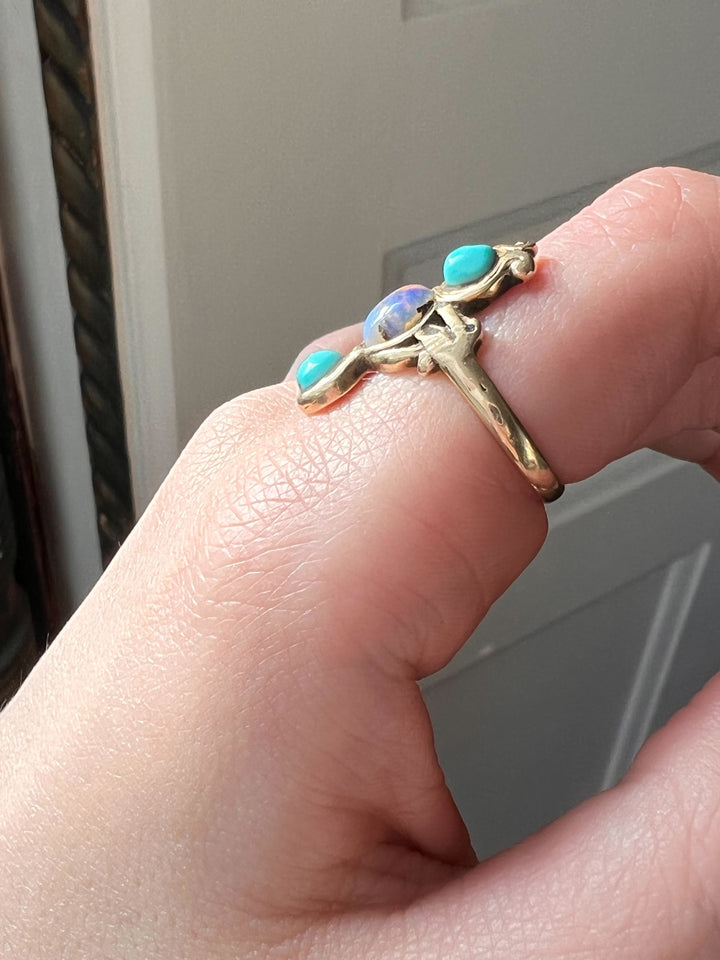 Exceptional Victorian Arts + Crafts Movement Opal and Turquoise Ring