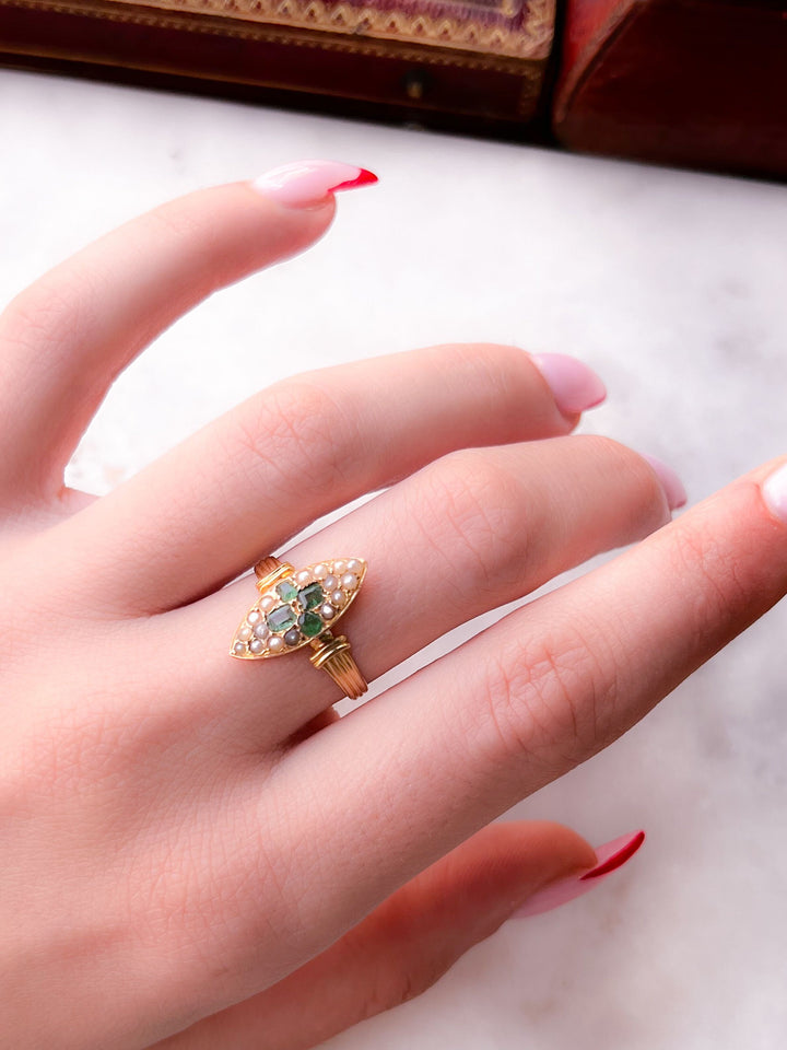 18k Emerald and Pearl French Navette with Reeded Band