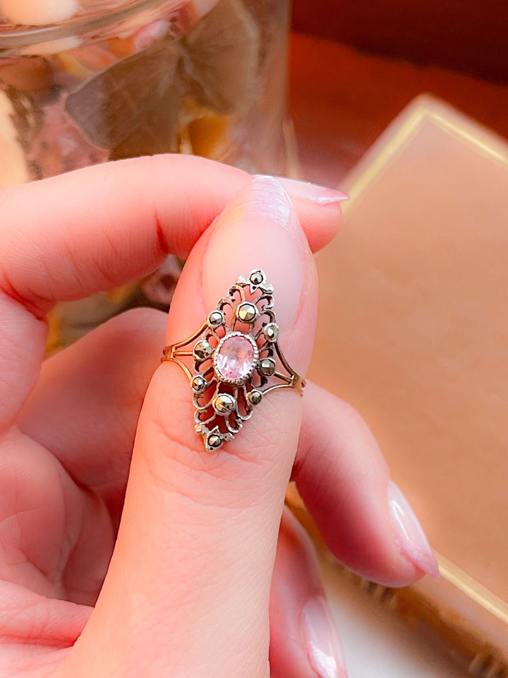 Foiled Pink Topaz and Marquisette Navette Ring in Sterling and 18k