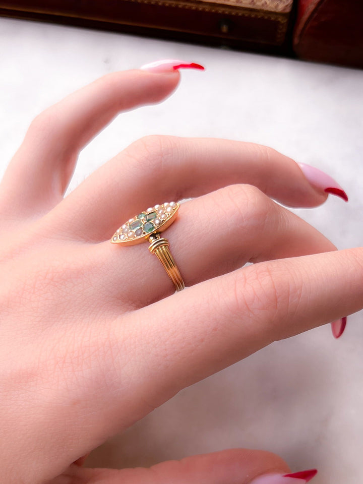 18k Emerald and Pearl French Navette with Reeded Band