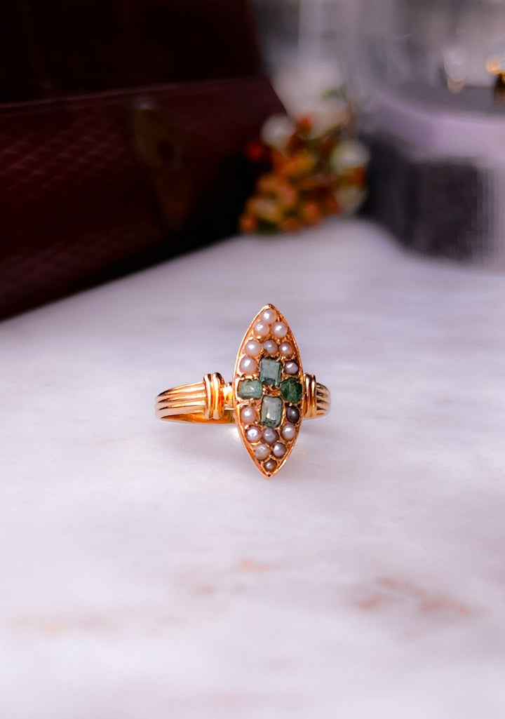 18k Emerald and Pearl French Navette with Reeded Band