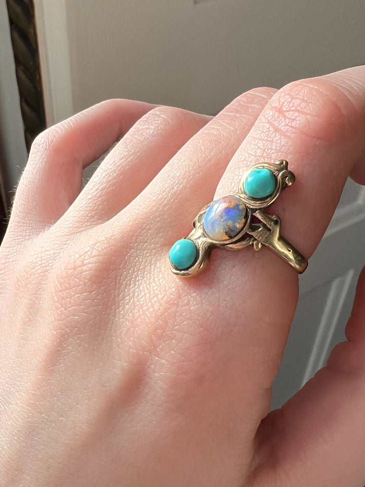 Exceptional Victorian Arts + Crafts Movement Opal and Turquoise Ring