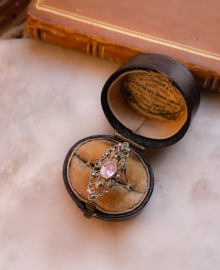 Foiled Pink Topaz and Marquisette Navette Ring in Sterling and 18k