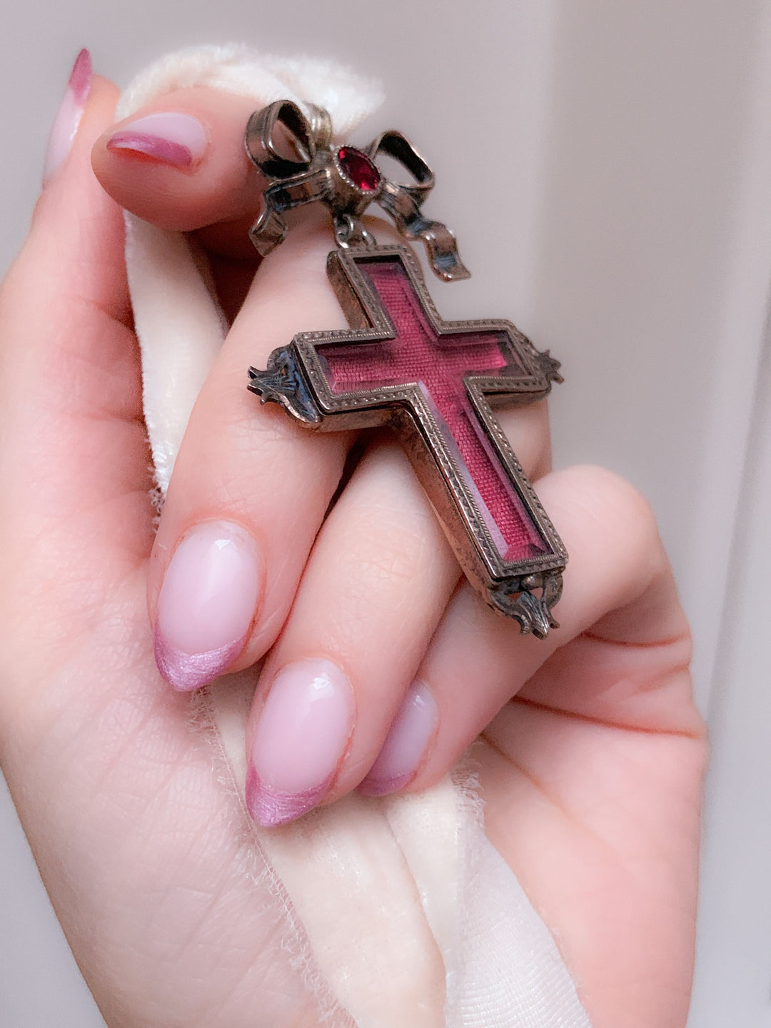 Superb French Cross Reliquary Locket with Garnet Bow