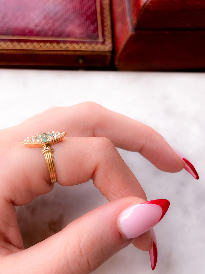18k Emerald and Pearl French Navette with Reeded Band