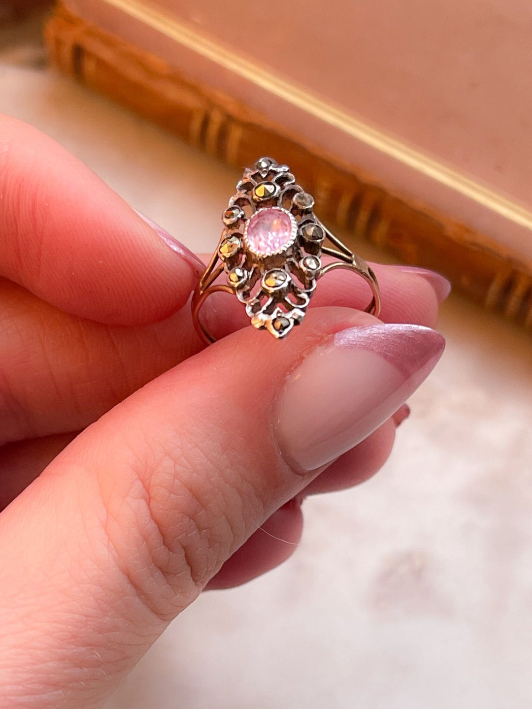 Foiled Pink Topaz and Marquisette Navette Ring in Sterling and 18k