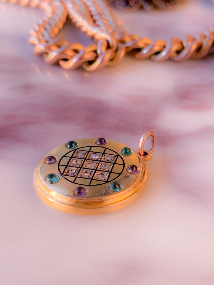 18k Rose Cut Diamond, Amethyst and Emerald Conversion Pendant