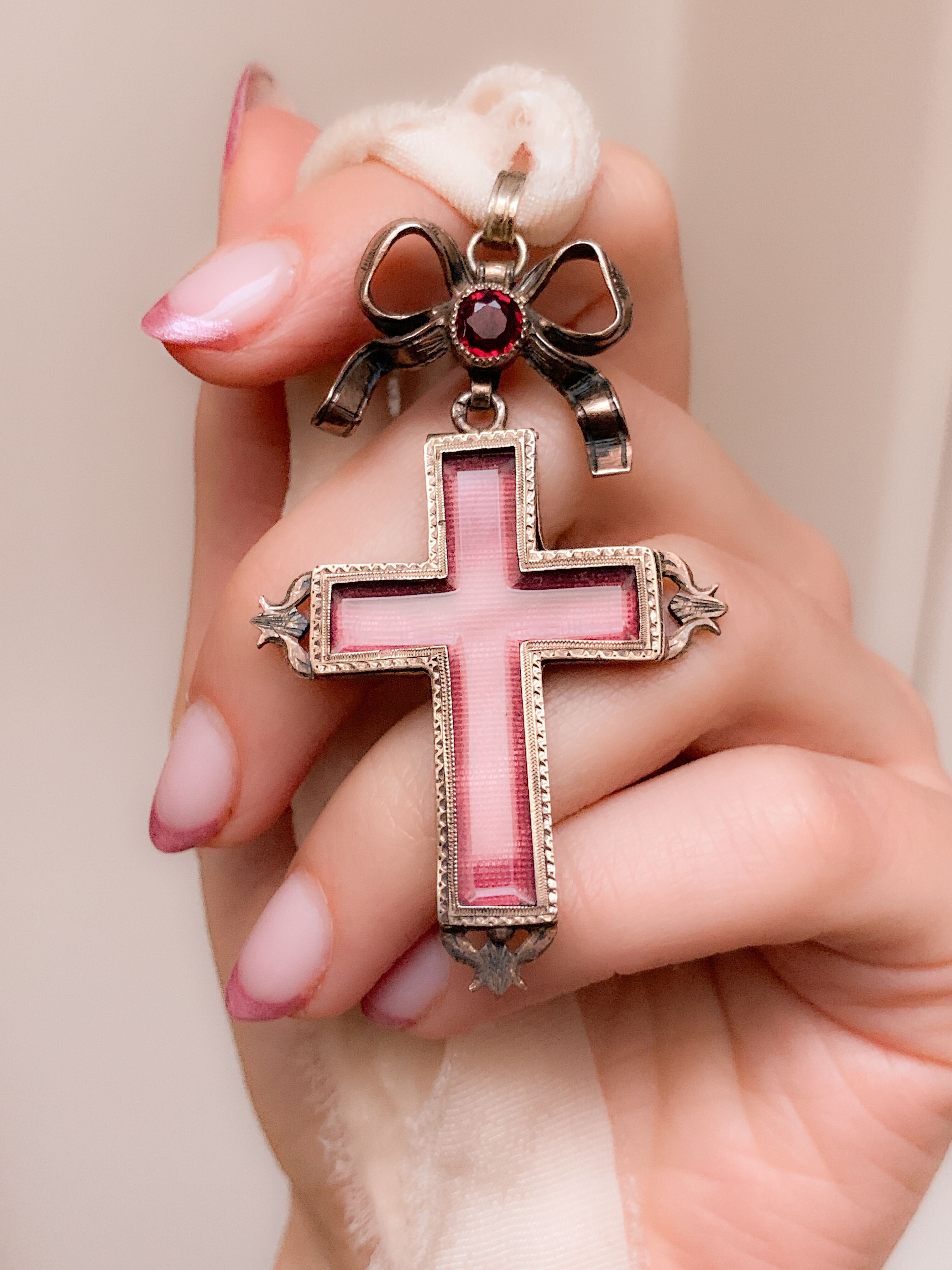 Superb French Cross Reliquary Locket with Garnet Bow