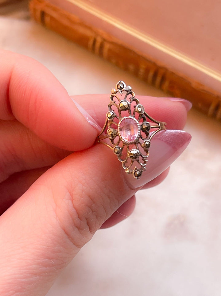 Foiled Pink Topaz and Marquisette Navette Ring in Sterling and 18k