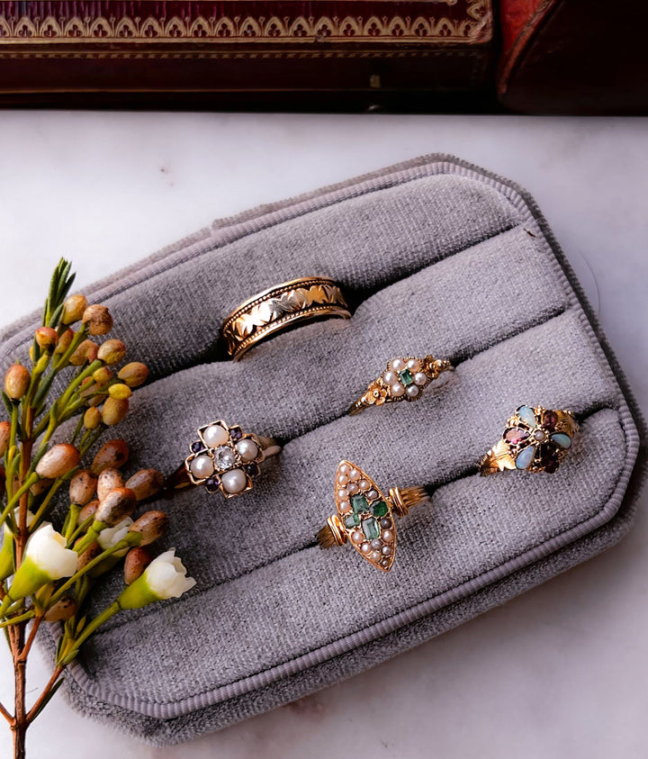 18k Emerald and Pearl French Navette with Reeded Band